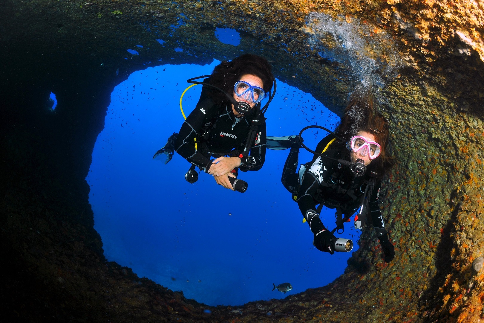 Divers under the circle rock