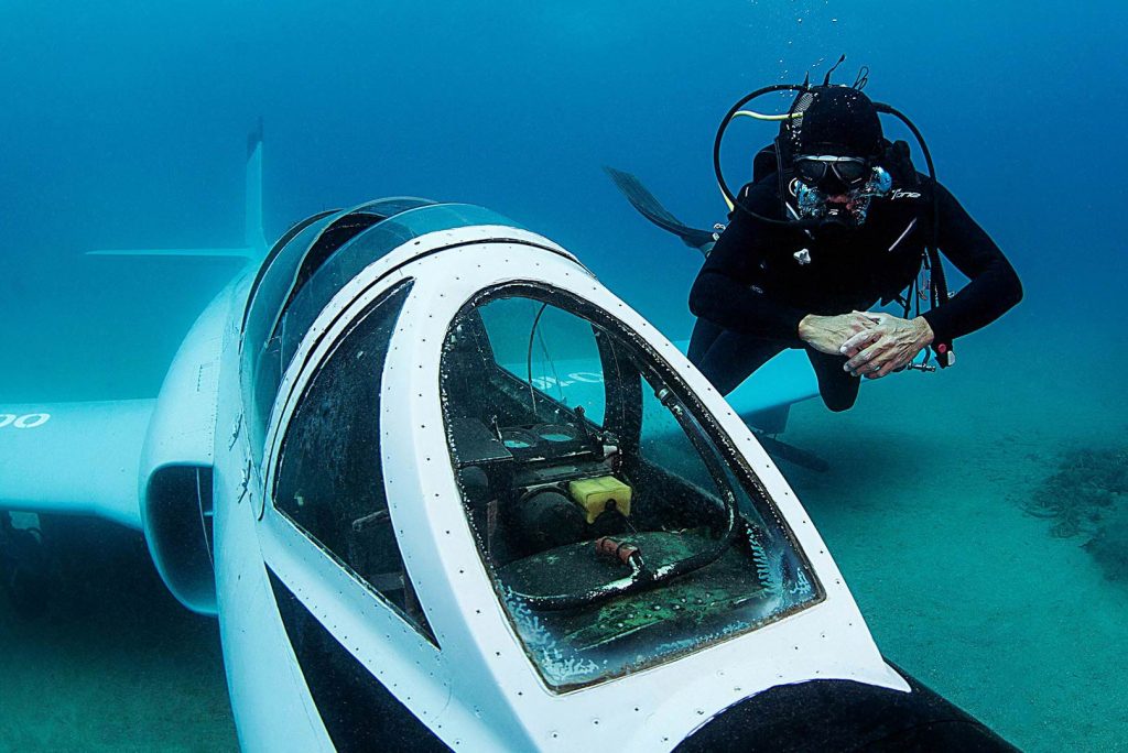 Men beside underwater plane